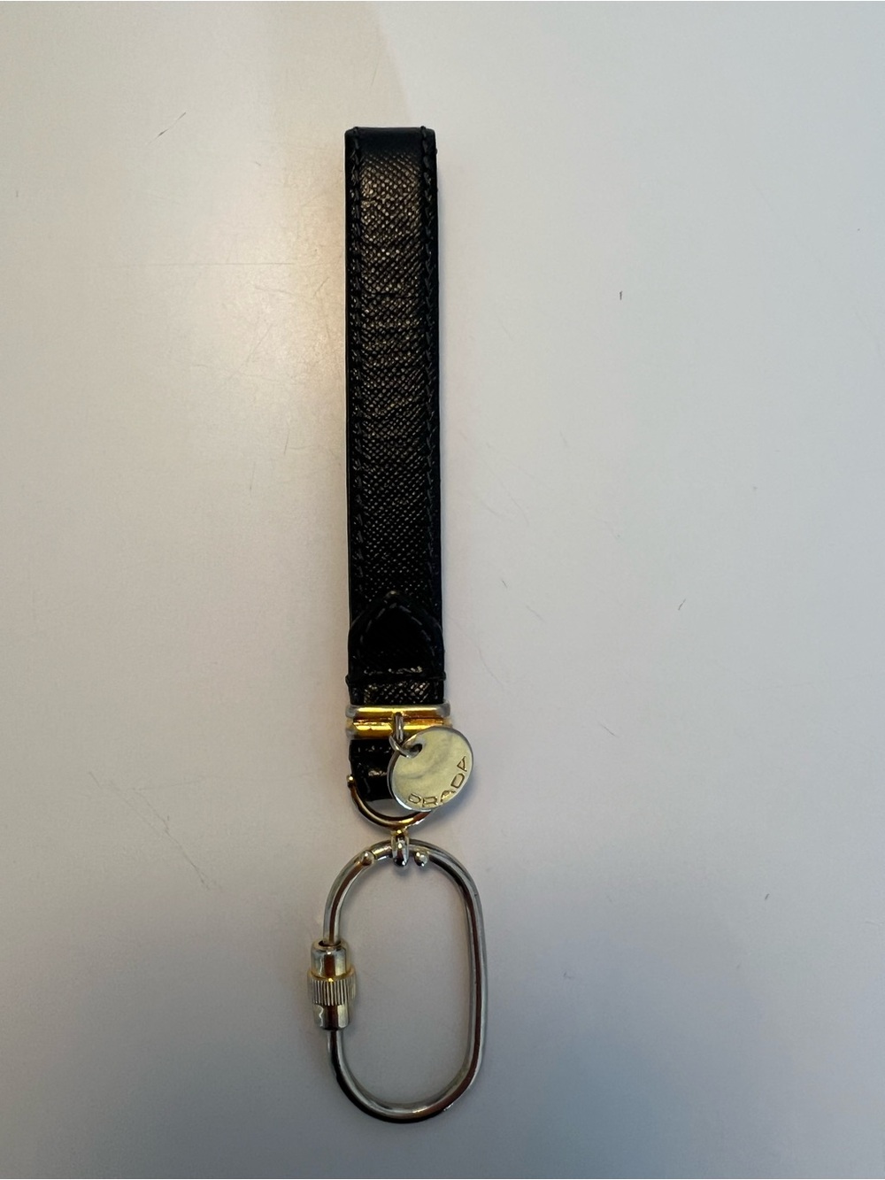 Prada Black Leather Strap Keychain with Gold Hardware